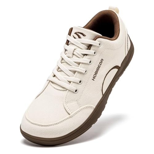 HOBIBEAR Unisex-Schuhe mit breiter Zehenkappe Minimalistische Barfuß-Sneakers aus Canvas Schnürschuhe zum Wandern für Damen und Herren(Khaki,EU 42)