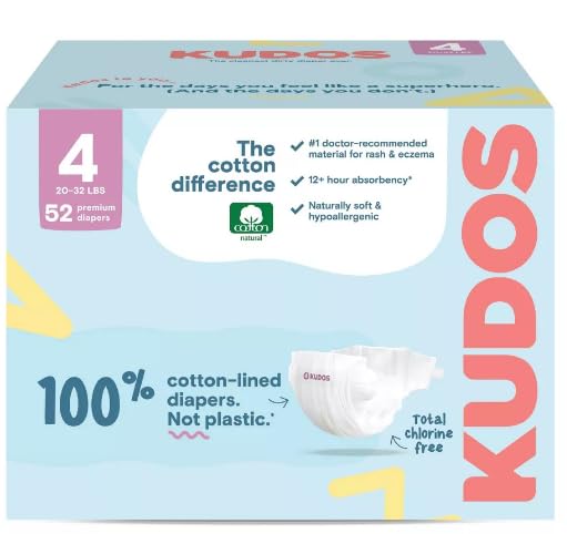Kudos Chlorine Free Premium Diapers, Cotton-Lined, (Size 4, 52 Count)
