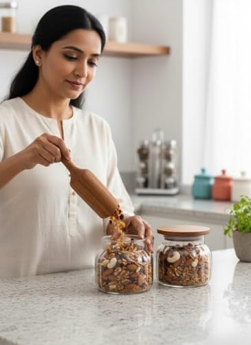 Image of SUANI Air Tight Bubble Glass Jar Container with Wooden Lid for Home and Kitchen | Odor Free Storage Jar | Jars For Cookies, Namkeen, Dry Fruits and Kitchen Storage, (500Ml) (Pack Of 2)