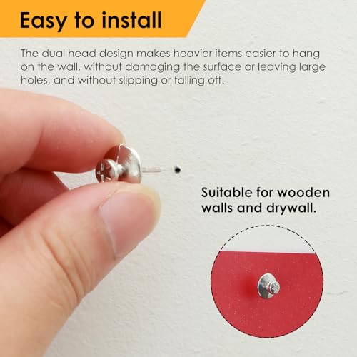 Image of Double Headed Picture Hanging Nails, 60 Pack Small Head Hanging Nails, Picture Photo Hanging Hook Pins Decorative Nail Hook Hangers for Home Office School (Silver)