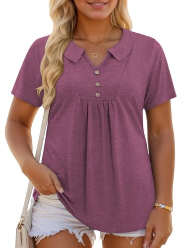 ROSRISS Womens Plus Size Tops Summer Fashion Short Sleeve Tees Casual Collared Polo Shirts Loose Fit Button Blouses XL-5XL