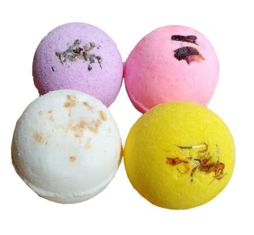 Image of Aromatic Bath Bombs for Bath Tub - Pack of 4 x 75g - Rose Petals, Calendula, Oats, Lavender - Hydrating, Moisturizing - Perfect Bath and Body Works Gift Set - Refreshing Hot Water Soak