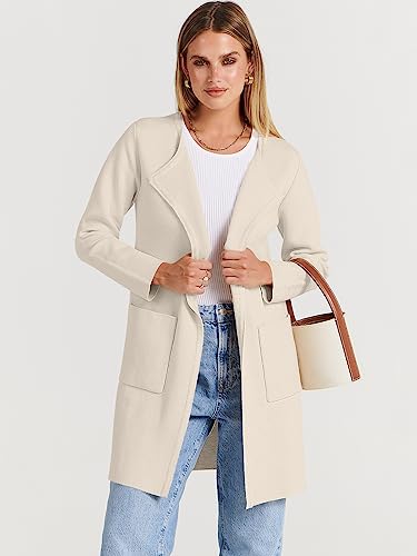 Prinbara Women's Open Front Knit Cardigan Long Sleeve Lapel Casual Solid Classy Sweater Jacket Trench Coats 7Pa15-Kaqi-S Beige #TOP3