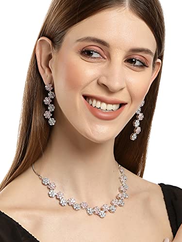 Karatcart Silver Tone Pink Floral AD Necklace Set for Women - Image 3