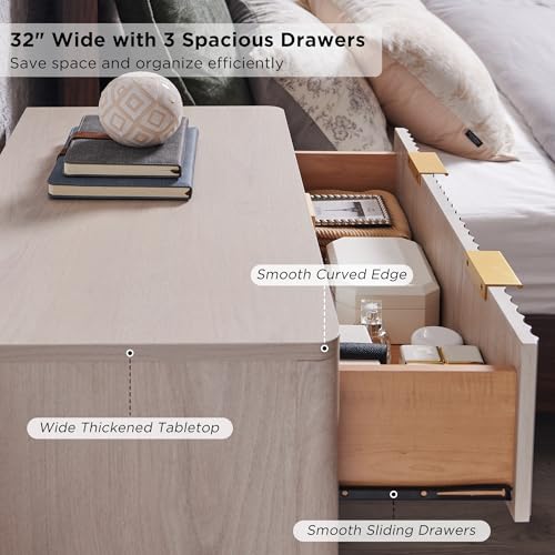 Image of T4TREAM Fluted 3 Drawer Dresser, 32 inch Tall Modern Chest of Drawers, Curved Profile Design, Wood Drawer Organizer for Bedroom, Living Room, Hallway, Entryway, White Alder
