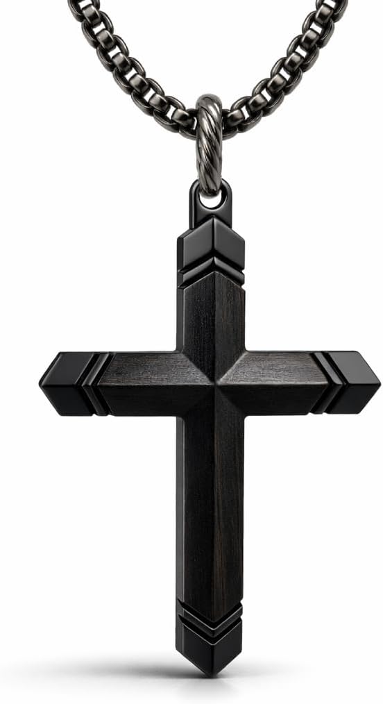 PERDANA Mens Cross Necklaces - Wooden Cross Necklace For Men - Stainless Steel Gift For Husband, Father, Son, Brother, Easter, Birthday, Includes Necklace 24" Box Chain