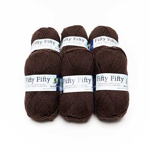 Woolive - Fifty-Fifty - Madeja de hilo mixto de lana y acrílico ideal para gorros, bufandas, mantas y camisetas para agujas de tejer o ganchillos: 3.00/3.50 6 pzs 300 gr Marrón 5 Cover