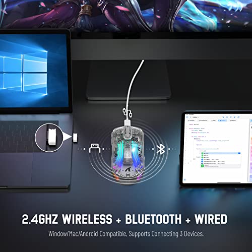 Image of Wireless Gaming Mouse PC Transparent Shell Computer Mice with Dual mode BT5.0 /2.4G,PixArt Chip 3D RGB Lighting,Ergonomic 7 Buttons,Rechargeable Mute Mouse for PC Laptop Tablet PS4 PS5 Xbox one