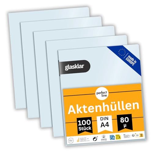 perfect line - 100 Aktenhüllen DIN-A4-80 my transparent glasklar - dünn leicht & platzsparend - Top Qualität - dokumentenecht säurefrei