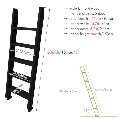 Image of 50 inch 55 inch 60 inch Black Wood Bunk Bed Ladder, Lofted /Dorm /RV Bed Bunkbed Ladders with 4in Extra Wide Steps and Non-Slip Pads, Replacement Wooden Ladder for Motorhome /Camping (Black, 60in /153cm)