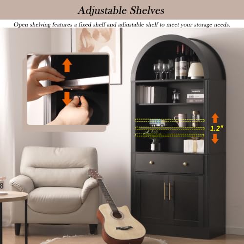 Image of Farmhouse Arched Bookshelf with Storage Cabinet(Black Style3) | Tall Display Bookcase with Drawer Doors&Adjustable Shelves, Freestanding Kitchen Pantry Cabinet for Living Room, Home Office