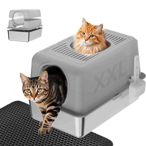 Stainless Steel Litter Box, Large Top Entry Cat Litter Tray for Big Cats, Cat Litter Box Enclosure High Sides with Lid, Enclosed Metal Kitty Litter Boxes Pan Tray with Scroop and Mat (grey) Stainless Steel Litter Box, Large Top Entry Cat Litter Tray for Big Cats, Cat Litter Box Enclosure High Sides with Lid, Enclosed Metal Kitty Litter Boxes Pan Tray with Scroop and Mat (grey)