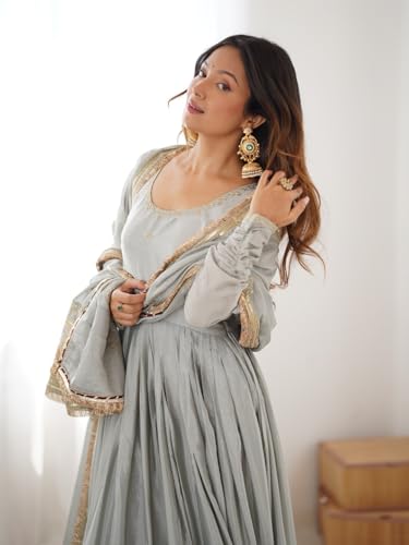 Image of FUSIONIC Elegant Maroon Chinon Anarkali Set with Heavy Border & Dupatta Set