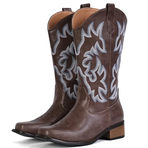 Image of IUV Cowboy Boots For Women Square Toe Wide Mid Calf Western Pull On Suede Fashion Black Brown Cowgirl Boots