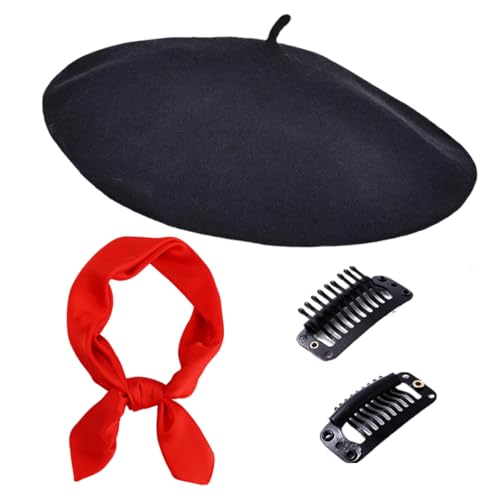 Black French Beret for Bastille Day Black Scarf Bandana Txapela Paris Outfits for Women French Themed Party Beanie Hat for Winter Halloween Christmas