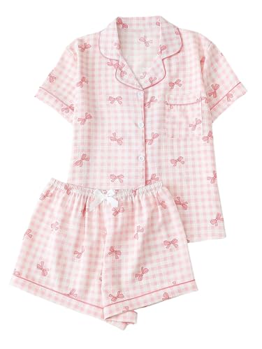 Image of SHENHE Women's 2 Piece Pajama Set Bow Graphic Button Down Short Sleeve Lapel Shirt Pj Short Set