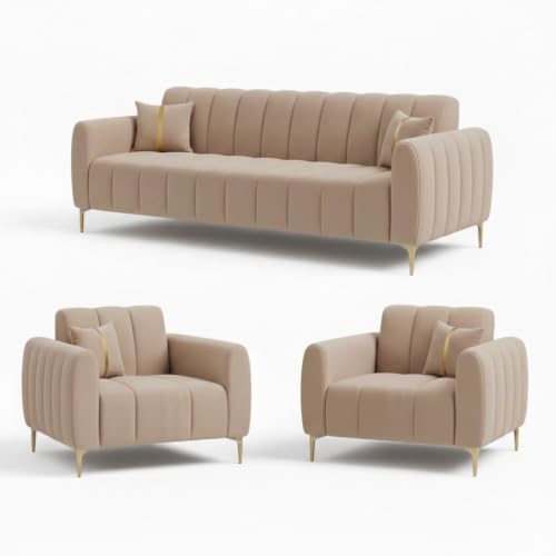 Image of FURNY Harmony 5 Seater Velvet Fabric 3+1+1 Sofa Set (Beige Color) with Golden Finish Legs | Durable & Comfortable | Ideal for Living Room, Offices