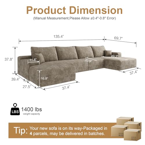 Image of 96 inch Sectional Couches for Living Room Cloud Couch Sofa with L-Shape Upholstered Boneless Couchs Modern Modular Sectional Couch with Chaise