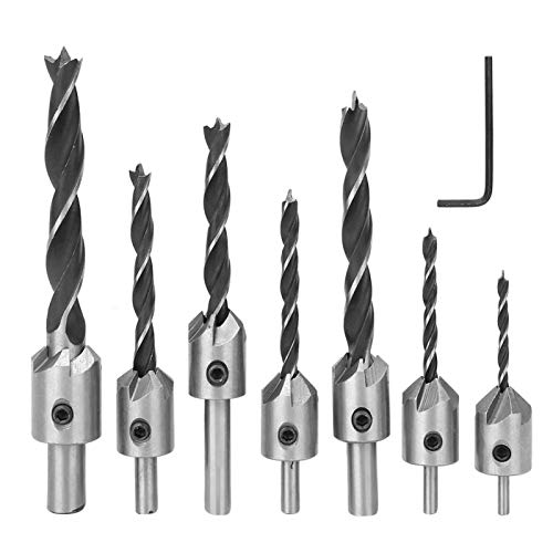 Senkbohrer Set- 7 Stück Senker Bohrer 3 4 5 6 7 8 10 mm für Holz Schnellstahl Holzbearbeitung Tischlerei Reibahle mit 1 Gratis Inbusschlüssel