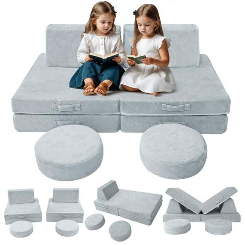 Image of MeMoreCool Modular Kids Play Couch Sofa, Gray 8-Piece Fold-Out Convertible Toddler Couch with Rocket, Star, and Moon Patterns for Playroom
