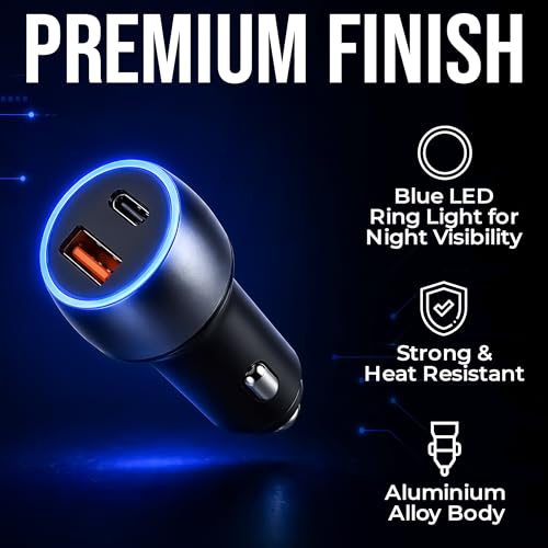 Image of CAR101 65W Turbo Fast Car Charger with 4-in-1 Cable | USB C PD & USB A QC | Dual Port Adapter for Smartphones, Tablets, Laptops | Aluminium Body, LED Light, Smart Protection | 12V-24V