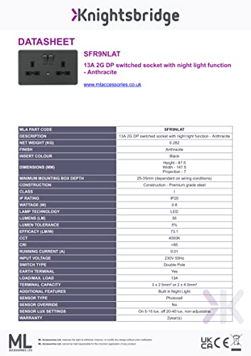 Knightsbridge 13A 2G DP Switched Socket with Night Light Function - Anthracite, Double Socket - Image 3
