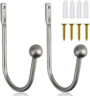 2PCS Metal Curtain Holdbacks, Decorative Curtain Tie Backs Hooks, Wall Mounted Window Curtain Holders with Screws, Heavy Duty U Shaped Arms Tieback for Fixed Curtain and Hanging Clothes (Silver)