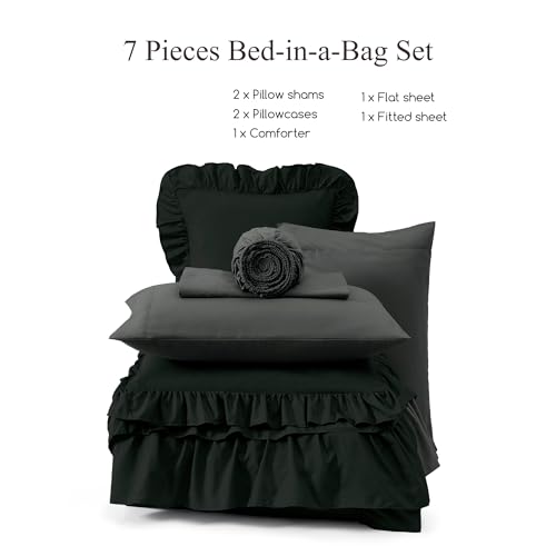 Image of King Size Comforter Set Black Ruffle 7 Pieces Farmhouse Bed in a Bag | Shabby Chic Fluffy All Season Bedding Sets with Sheets, Pillowcases & Shams