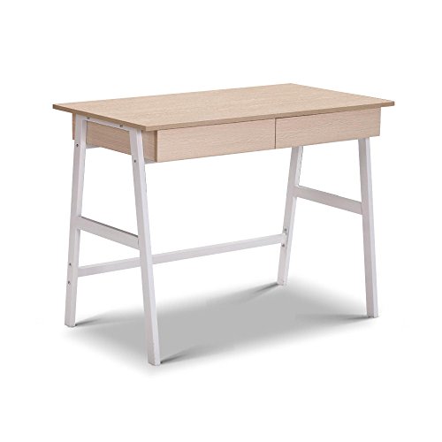 Artiss Computer Desk 100cm Oak Particle Board White Steel Frame Office Laptop Desks Study Student Table, Home Furniture for Room, 2 Drawers Smooth Safe Edges