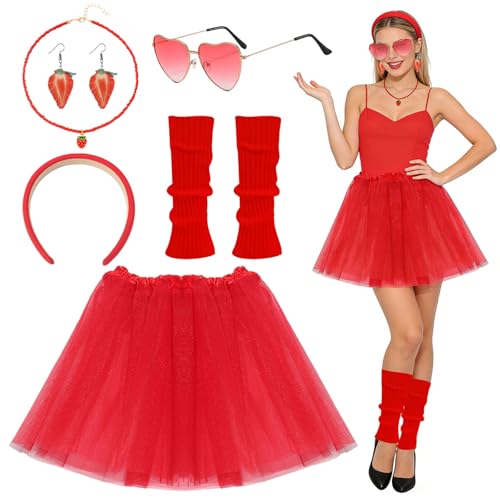 JSTHHTT 6 Pièces Costume Fraise, Costumée de Fruit Carnaval Bandeau Lunettes de Soleil Fraise Boucles Oreilles Fraises Costume pour Halloween,Cosplay,Fête...