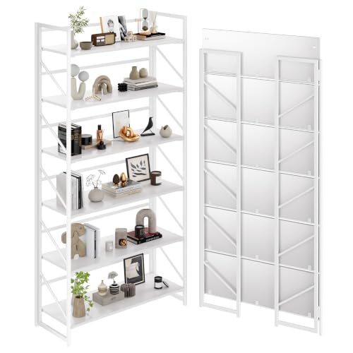 Image of JSB 6 Tier No Assembly Folding Bookshelf, 30.7 inch Wide Foldable Storage Bookcase for Home Office, Space-Saving Storage Shelf for Living Room (All White)