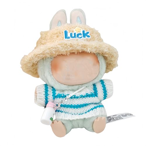 Puppen-Kleidungsset Compatible with Labubu Doll, Strickpullover mit Blau-Weißen Streifen, Strohhut und Flasche