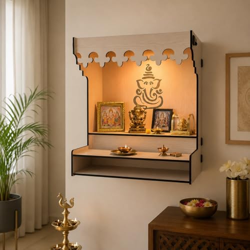 Image of Zesta Wooden Mandir for Home Big Size | DIY Pooja Mandir with LED Spot Light | Devghar Cabinet for Living Room or Office | Wall Mounted Pooja Unit for Home (White)