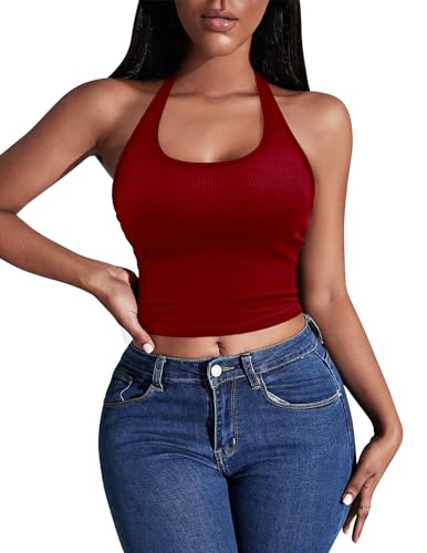 Image of Ekouaer Women Halter Top Backless Scroop Neck Slim Stretchy Ribbed Knit Camisole Crop Tops S-XXL