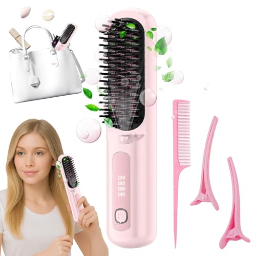 Go Brush Pro Cordless Portable Straightener Hair Gobrush Pro Rechargeable Straightener Hot Comb Fast Heating for Travel and Everyday Use(Pink)