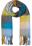 styleBREAKER Damen Web Strickschal mit buntem Karo Muster und langen dicken Fransen, warmer Winter, Stola 01017138, Farbe:Hellblau-Petrol-Grau-Grün