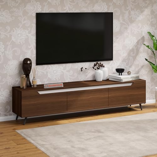 Image of DecorNation Nova Wooden TV Unit Stand (Large) - Modern Entertainment Table with 3 Closed Compartments for Living Room, Bedroom & Office (71 x 13.3 x 16.6 Inches, Walnut Finish)