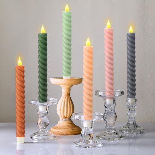 Image of Baquler 6 Pcs Pastel Flameless Taper Candle Twisted 9.65 in Boho Colorful Taper Candles Battery Operated Pastel Spiral Candlestick LED for Spring Wedding Birthday Home Party Holiday Dinner Fireplace