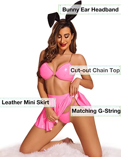 Avidlove Sexy Lingerie Set For Women Cosplay Lingerie Leather 4 Piece Cheerleader Costume With Mini Skirt And Chain(Pink,L) #TOP4