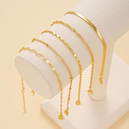 Image of iF YOU Gold Ankle Bracelets for Women, 14k Gold Plated Waterproof Cuban Link Chain Anklets Set, Layered Anklet Bracelets for Women Beach Gift Adjustable Size 5pcs