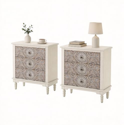 Image of HOMPUS Nightstands Set of 2, White Nightstand with 3 Storage Drawers, Night Stand w Flower Pattern, Bedside Table Set of 2, Accent Table for Bedroom, Apartment, Light Grey Grain