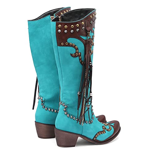Image of YIYA Women's Star Cowboy Boots Black and White Cowgirl Boots with White Stars Pointed Toe Chunky Low Heel Pull-On Wide Calf Western Embroidered Boots