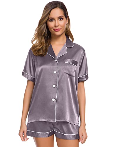 Image of SWOMOG Womens Silk Satin Pajamas Set Button Down Sleepwear Loungewear