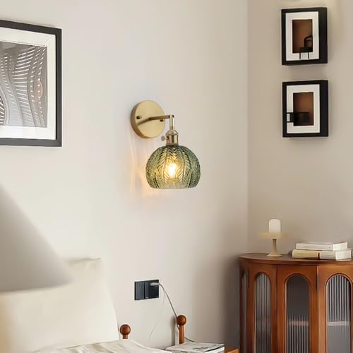 Image of Cerdeco Vintage Wall Sconce with Green Leaf Glass Shade,180Adjustable Arm and Golden Base,Modern Indoor Wall Light Lighting for Bedroom