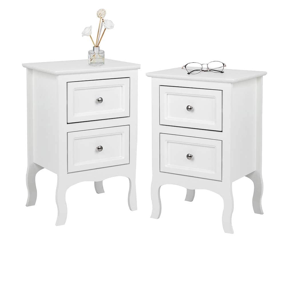 Bonnlo Nachttisch 2er Set, Beistelltisch Weiss, Nachtschrank mit 2 Schubladen, Nachtkommode Boxspringbetten, Kommode Schlafzimmer, 40 x 30 x 60 cm