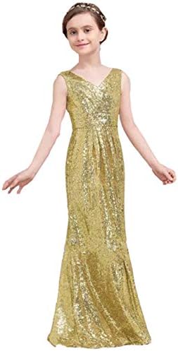 HEVECI Hengyud Golds Sequins V-Neck Pageant Dress Long Flower Girl Bridesmaid Prom Dress 77