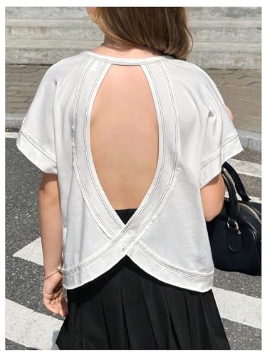 Girl's 2 Packs Open Back Backless Tops Criss Cross Short Sleeve T Shirts Crewneck Casual Tees4
