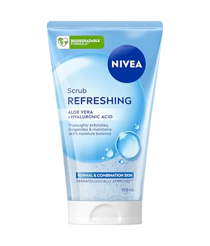 NIVEA Refreshing Face Scrub with Hyaluronic Acid (150ml) Exfoliating Scrub with Invigorating Scent Face Exfoliator for Refined Skin Removes Impurities and Excess Sebum