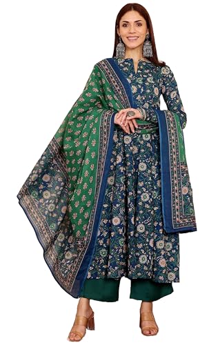 Image of ANNI Designer | Rayon Anarkali Printed Kurta with Pant & Dupatta | Women's Kurta Set with Dupatta Ethnic Suit | Cotton Anarkali Style Kurti Set