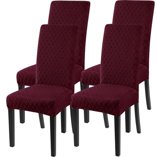 Image of SearchI Dining Room Chair Covers Set of 4, Stretch Jacquard Parsons Chair Slipcovers Super Fit Removable Washable Kitchen Chair Protector Cover for Dining Room, Hotel, Ceremony (Wine Red)